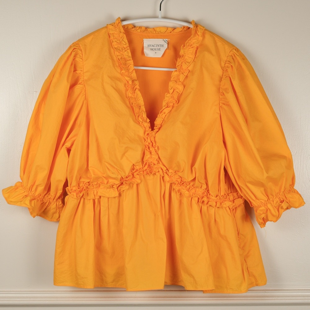 Hyacinth House Peplum Top Womens Ruffle V-Neck Puff Sleeve M Orange